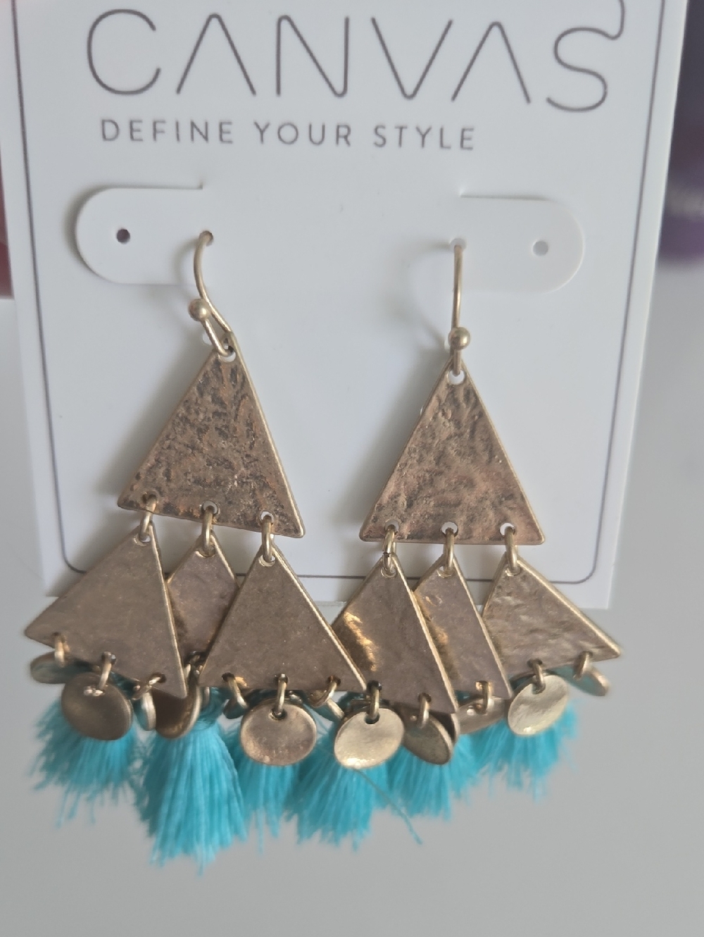 Bella Canvas Gold Tone Triangle Earrings with Turquoise Fringe